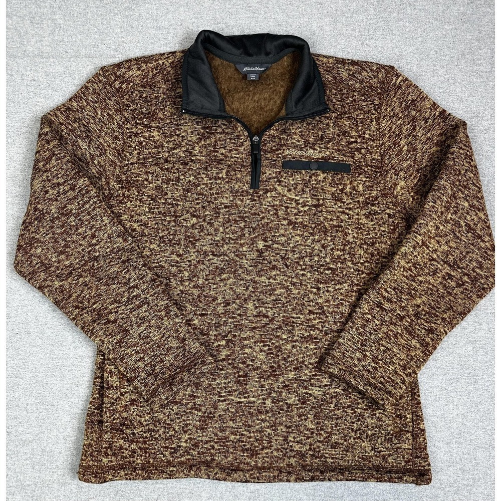 Eddie Bauer Sweater Mens Medium Brown Quarter Zip Fleece Pullover Pockets Sherpa
